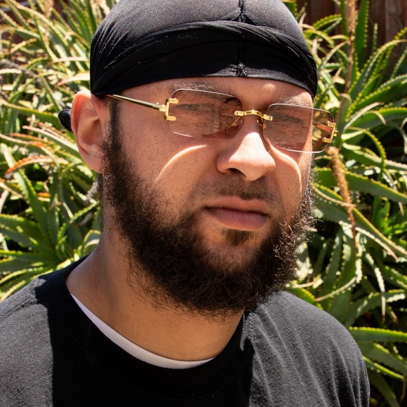 Gold Frame Peach Orange Tint Rimless Mens Y2K Hip Hop Fashion Summer Sunglasses - Picture 5 of 5